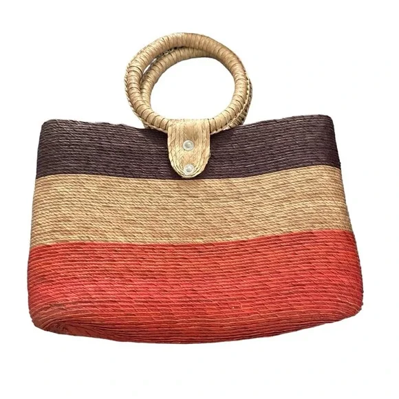 Handmade straw bag, summer tote Red, tan and brown - Picture 2 of 5